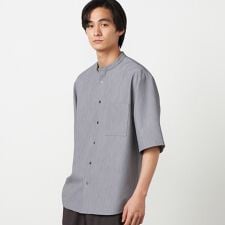 ウールライク バンドカラー5分袖シャツ
