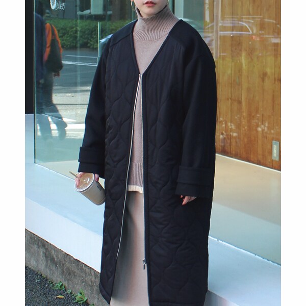 マキシ丈キルティング切替ロングコート　ブラック キルティング切替ロングコート[M/L/LL/3L/4L] | ラビアンジェ(LAVEANGE