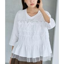 シャーリング異素材配色プルオーバー