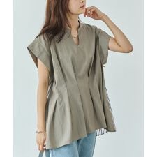 【洗える】バックストライプウエストタックブラウス