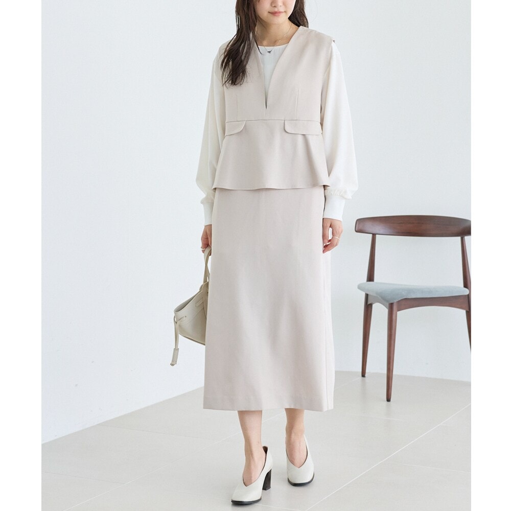 上品 ワンピース　ベージュ系　結婚式、二次会、食事、ポールスチュアート セール】 【ウォッシャブル】バックジョーゼットサテン