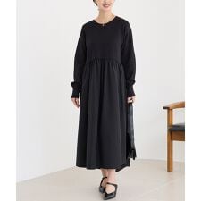 【洗える】異素材切替ギャザーニットワンピース