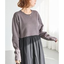 【洗える】異素材切替ギャザーニットワンピース