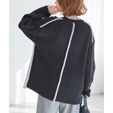 【洗える】配色ライン畦編みニットプルオーバー