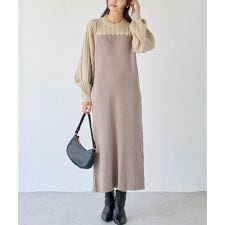 【洗える】透かし編み切替ニットワンピース