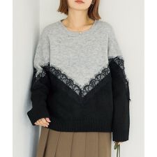 【洗える】レース切替バイカラーニットプルオーバー