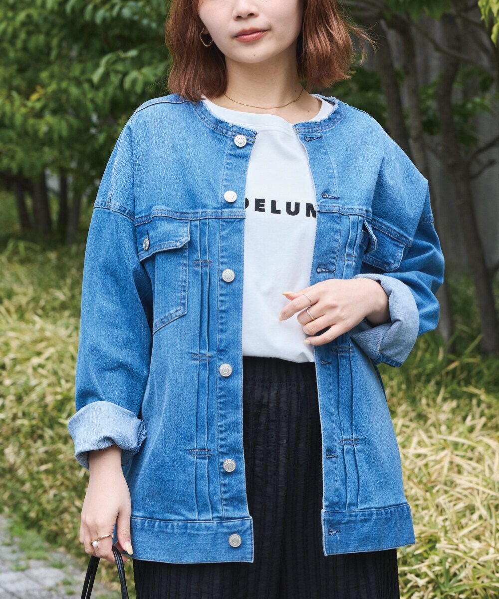 ノーカラーデニムジャケット