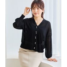 【洗える】ダブルパール釦シアーニットカーディガン