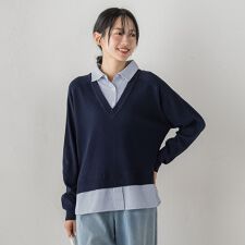 【WEB限定】Vネックブラウス切替えプルオーバー≪手洗い可能≫
