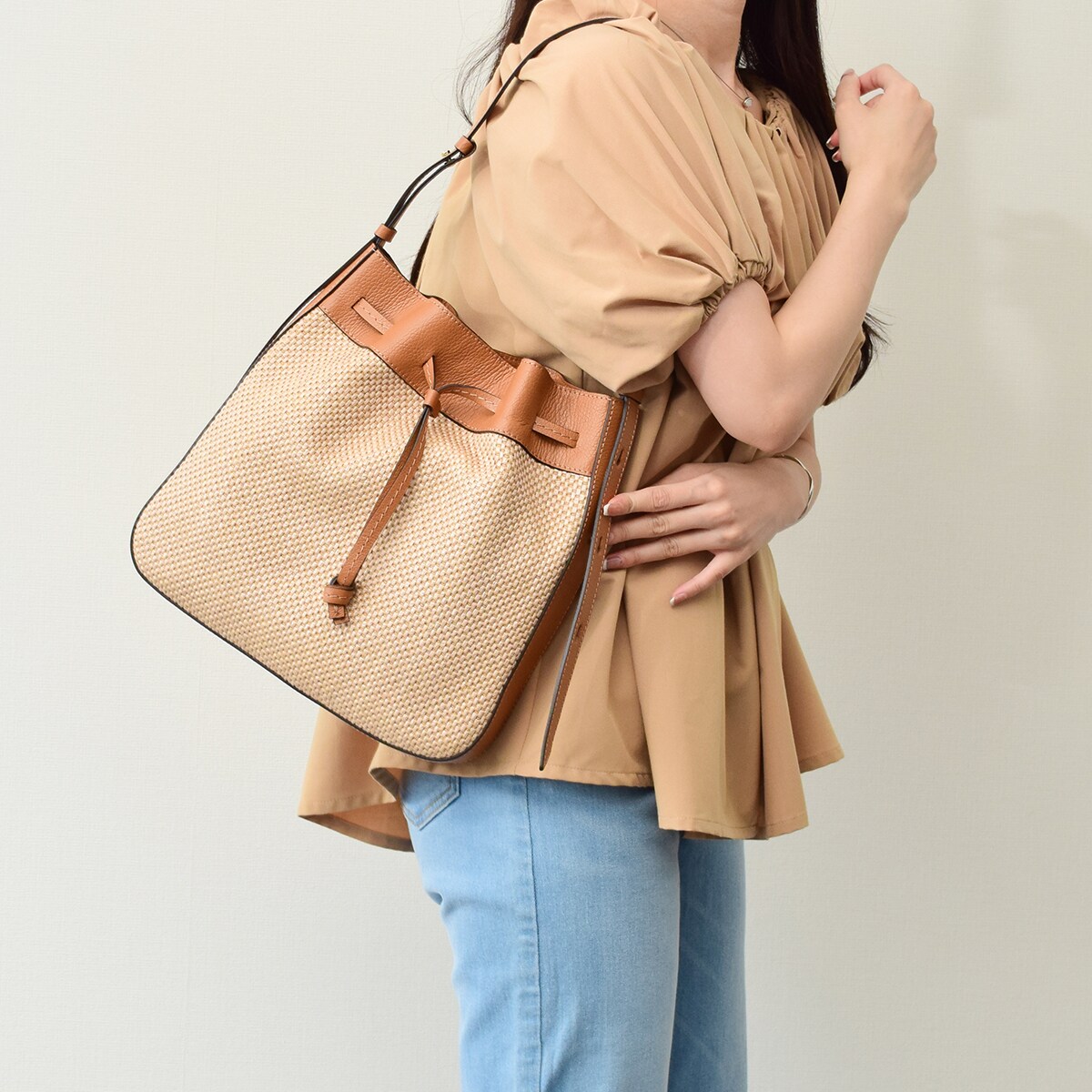 【LORISTELLA】MADE IN ITALY ラフィアショルダー付きバッグ LORISTELLA◇レザーコンビラフィアショルダーバッグ | ロリステッラ