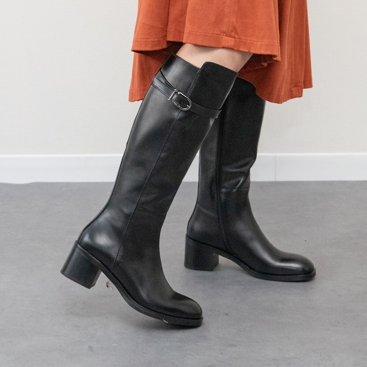 INTER-CHAUSSURES◇5.8cmヒールラウンドトウサイドシームロングブーツ