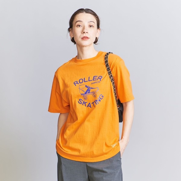 最後までご覧くださり美品　アクリス　オレンジプリントTシャツ　ブラウス　袖ゴム　US8　L-XL