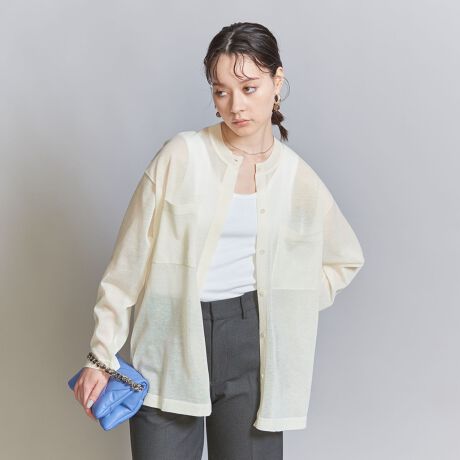シアーラメ バンドカラー ニットカーディガン -ウォッシャブル  