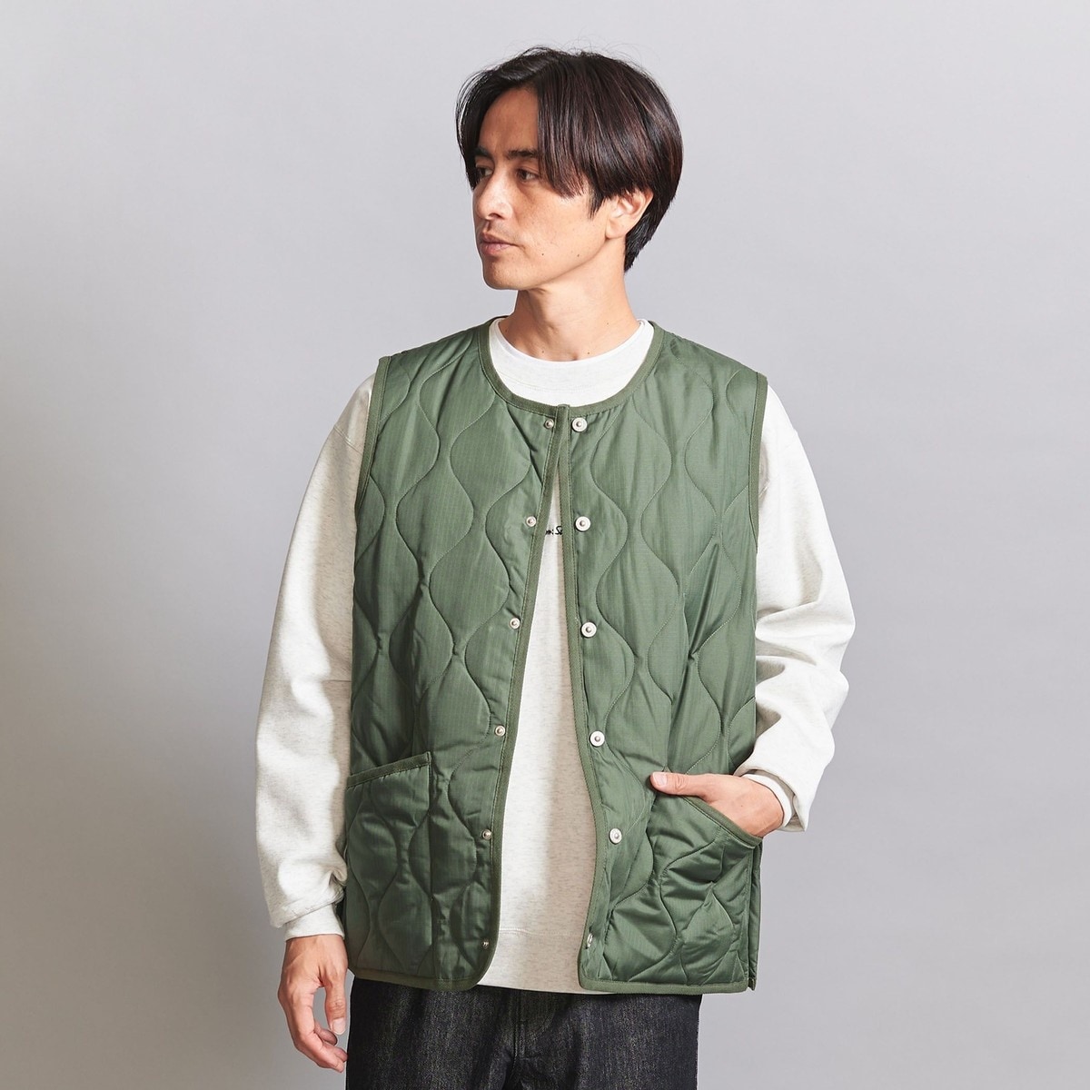 TAION＞ ミリタリー クルーネック ダウンベスト | ビューティー