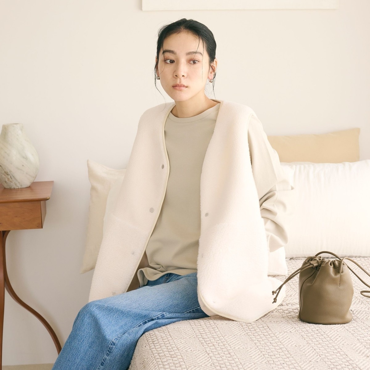 BEAUTY&YOUTHボア×フェイクムートン ノーカラーリバーシブルコート