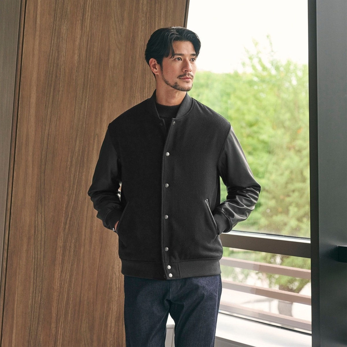 WEB限定 WARDROBE SMART】ブラックメルトン レザーライク スタジャン