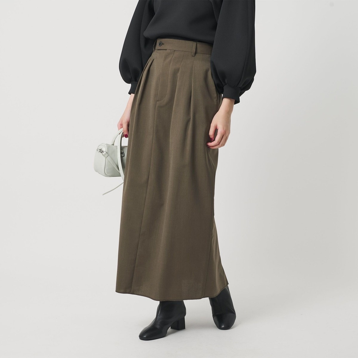 毛ブレンド ストライプ タックロングスカート 防シワ ウォッシャブル