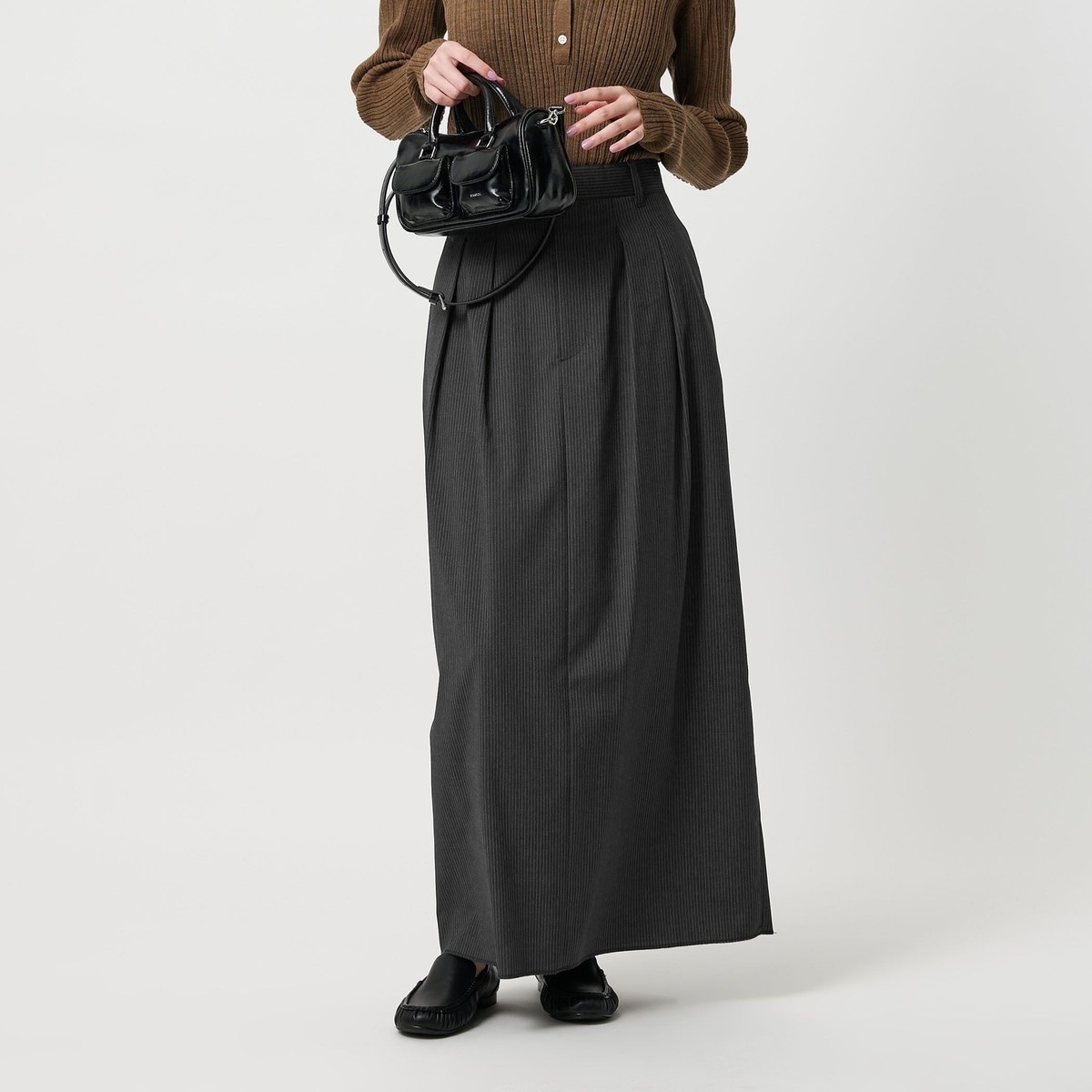 毛ブレンド ストライプ タックロングスカート 防シワ ウォッシャブル