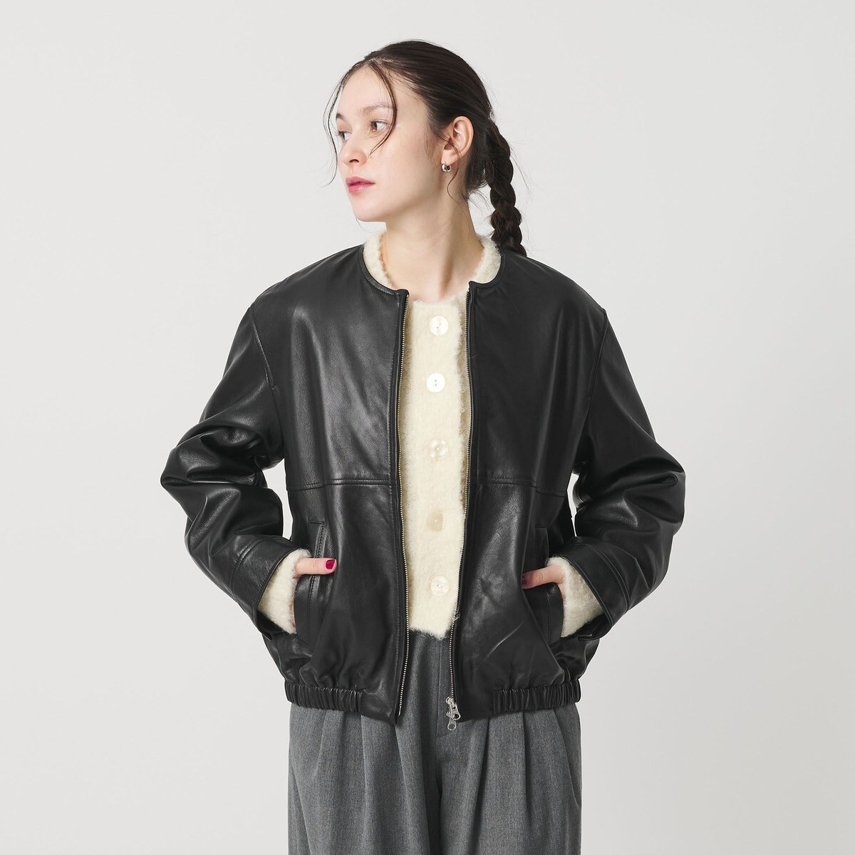 BY ビーバーチェックスタンドカラーショートコート／ポンチョо