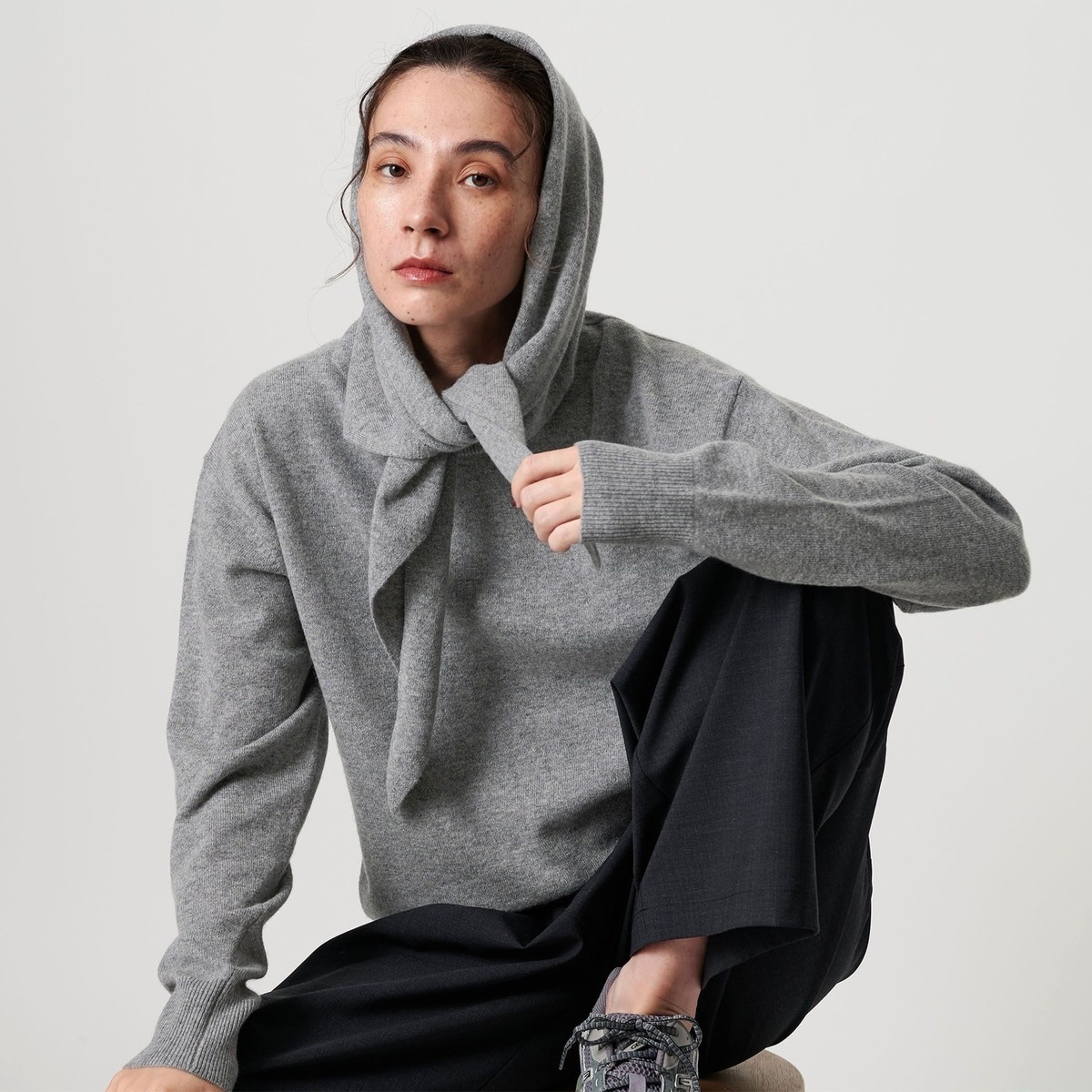 ウールカシミヤ クルーネックニット＆ストール ウォッシャブル