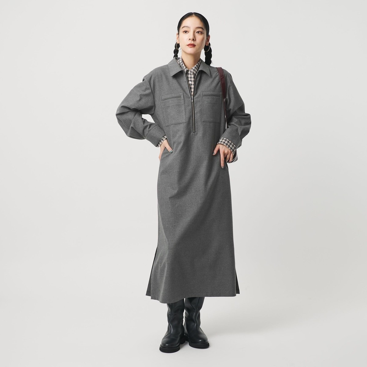 ウールポリエステルブレンド メランジ リブニットワンピース