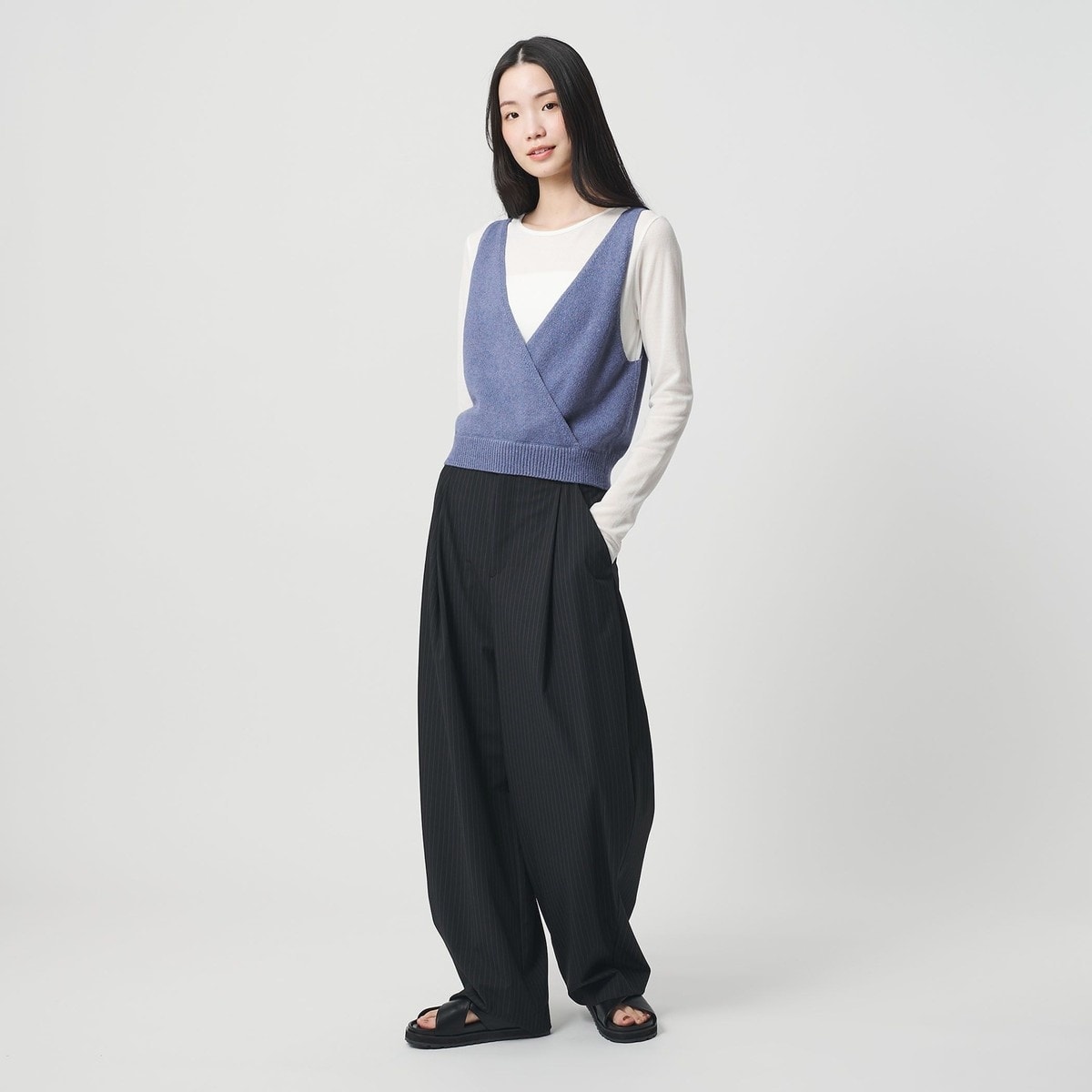 コットン麻ブレンド カシュクール 2WAYニットベスト ウォッシャブル