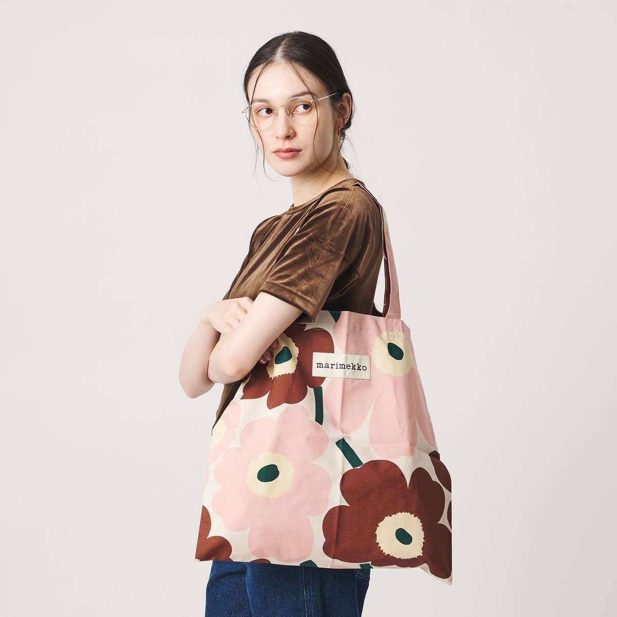 marimekko ストライプ トートバッグ ブラウン×ブラック フィンランド製 