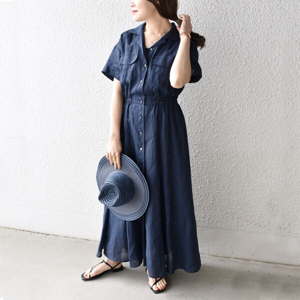 美品＊SHIPS＊ネイビー＊リヨセルリネンカイキンノワンピース♪シャツワンピ♪ 美品＊SHIPS＊ネイビー＊リヨセルリネンカイキンノワンピース