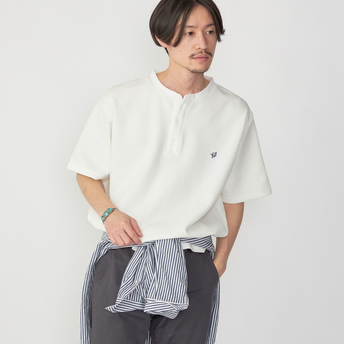 SHIPS: ワンポイント ロゴ バーズアイ ヘンリーネック Tシャツ