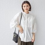 手洗い可能〉タイプライター 袖 ギャザー パールモチーフ ボタン 