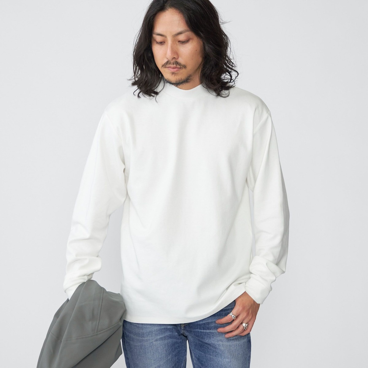 SHIPS: コットン ポンチ モックネック ロングスリーブ Tシャツ (ロンT