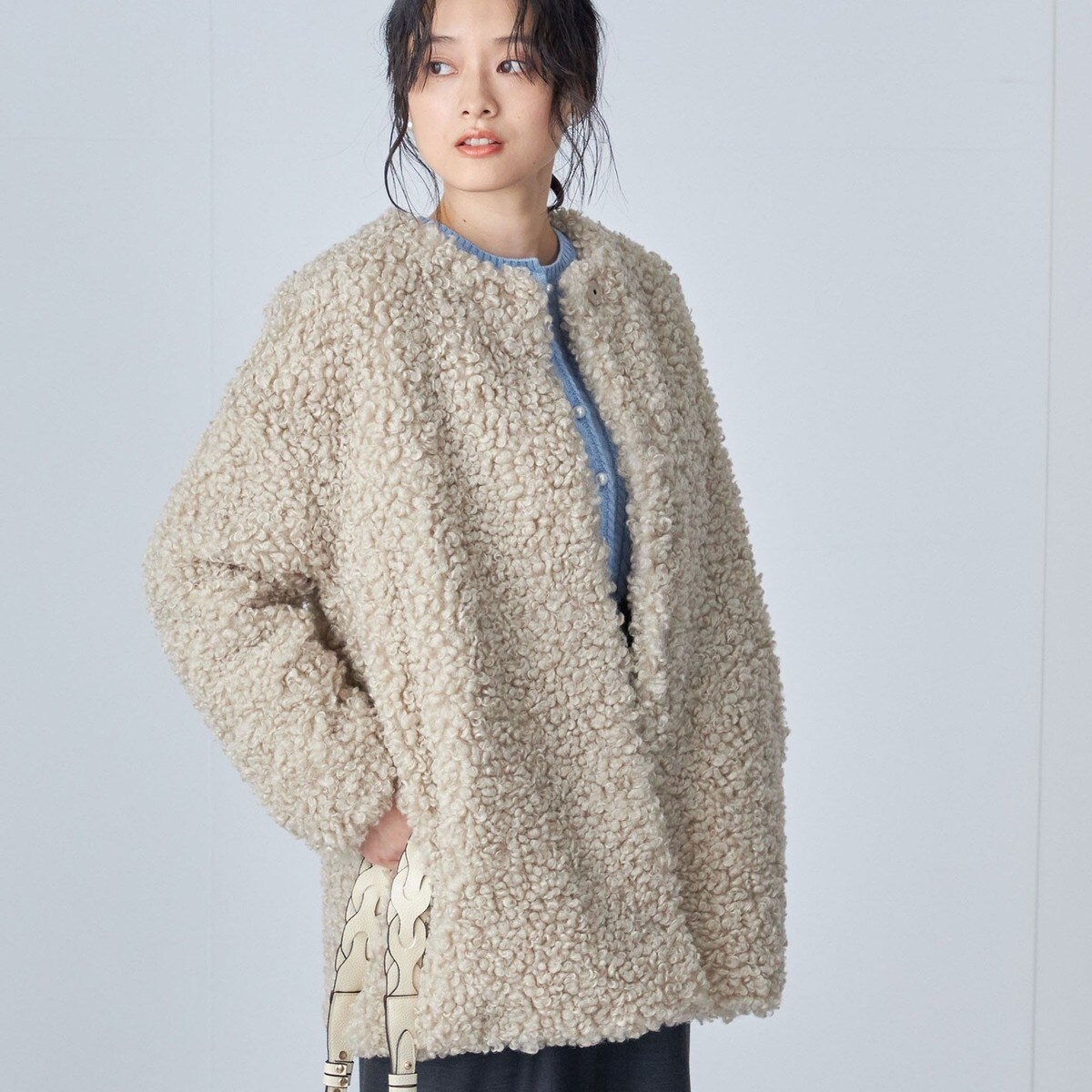 SHIPS Primary Navy Label:カルガン ノーカラー ブルゾン SHIPS Primary Navy Label:カルガン ノーカラー ブルゾン