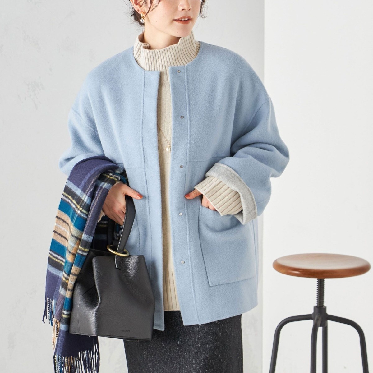 SHIPS 美品　リバーシブルノーカラーコート SHIPS ノーカラーコート コート リバー ファー ポケット