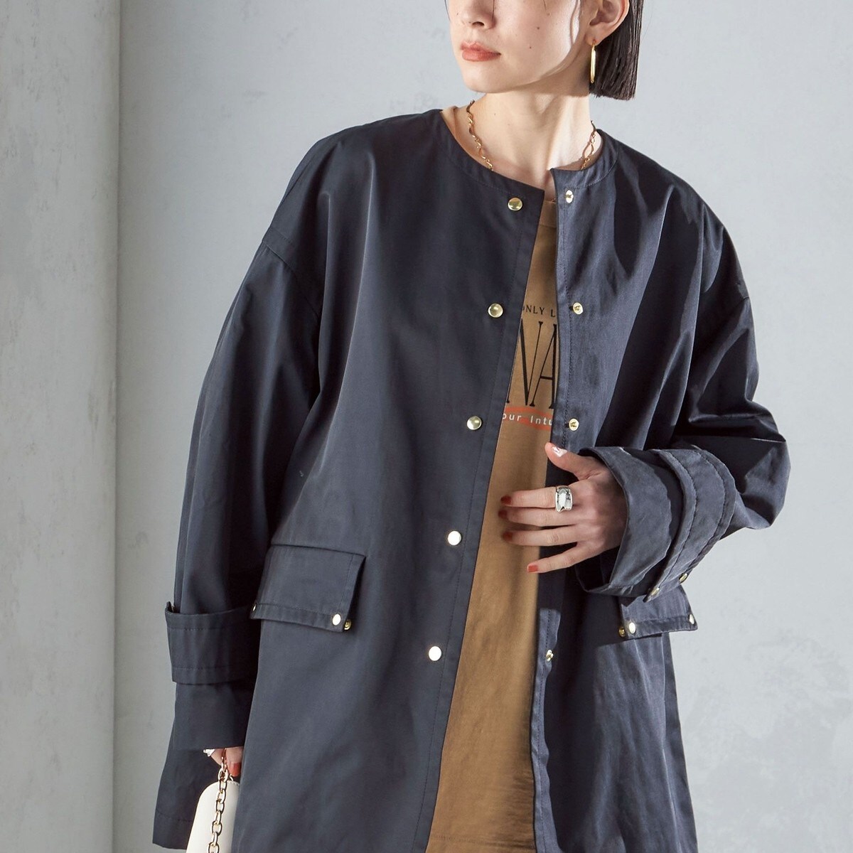 撥水加工/手洗い可能〉綿 ナイロン ギャバ ノーカラー ミディ コート