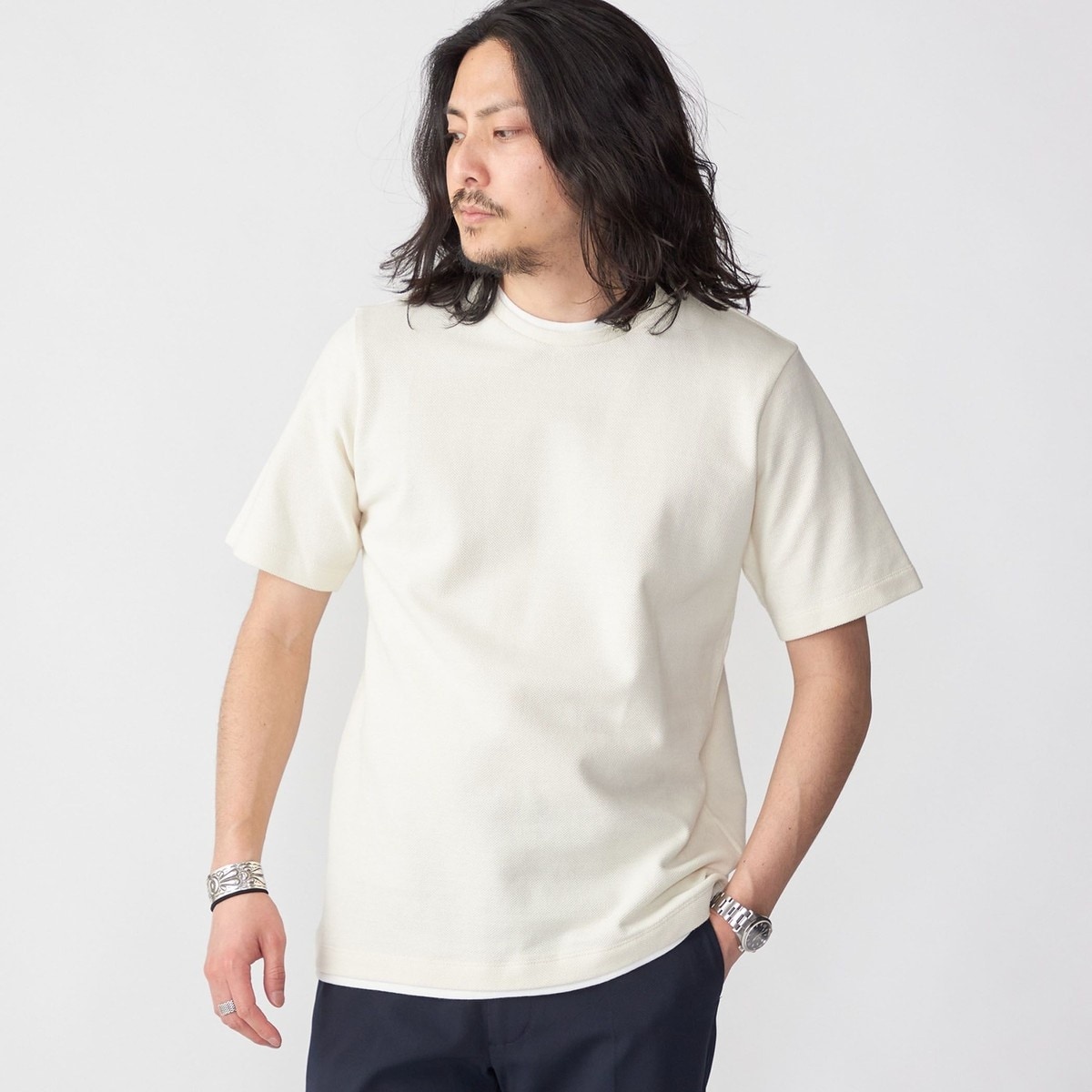 SHIPS: フェイク レイヤード ピケ クルーネック Tシャツ SHIPS: フェイクレイヤード ピケ クルーネック Tシャツ