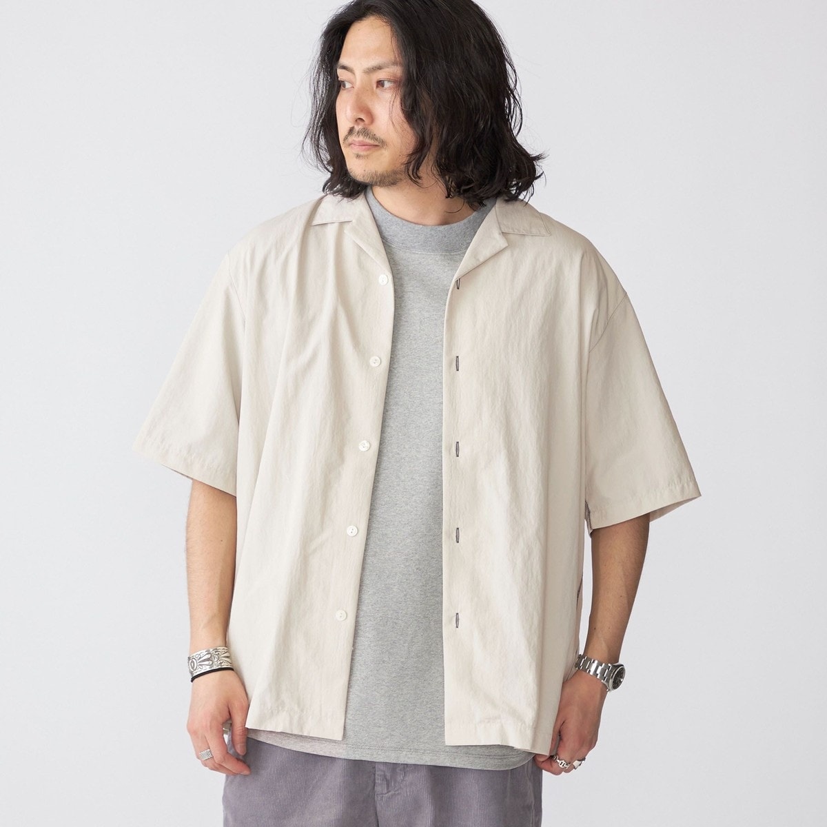 シップス ☆ナイロンシャツ SHIPS シャツ SHIPS: ナイロン ステッチ オープンカラー メンズ