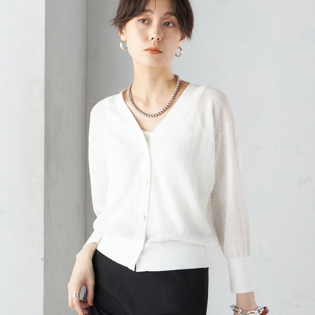 SHIPS any:〈手洗い可能〉ギマ ワイド Vネック シアー カーディガン