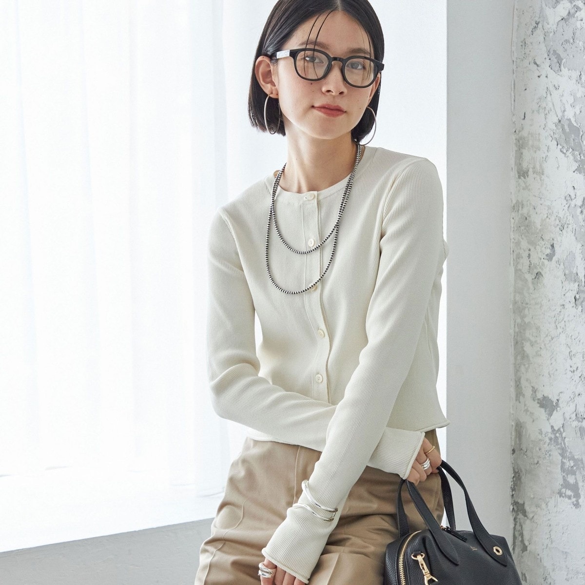 手洗い可能〉レーヨン ポリ リブ クルーネック カーディガン