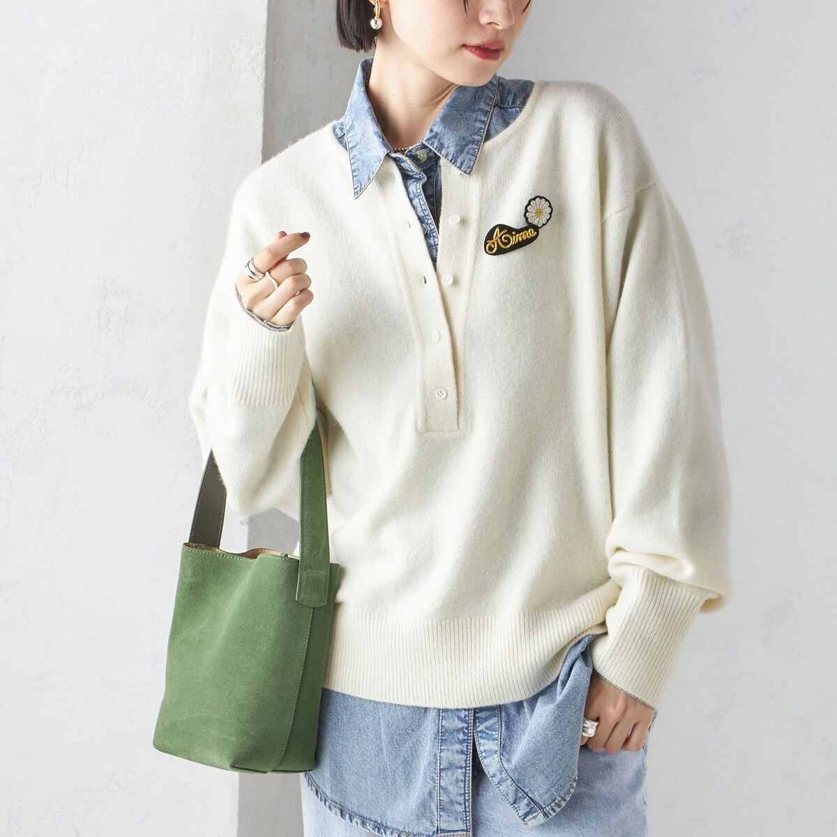 ships ウール カシミヤ ヘンリーネック 2WAY プルオーバー　グレー 手洗い可能〉7G ウール カシミヤ ヘンリーネック 2WAY プルオーバー