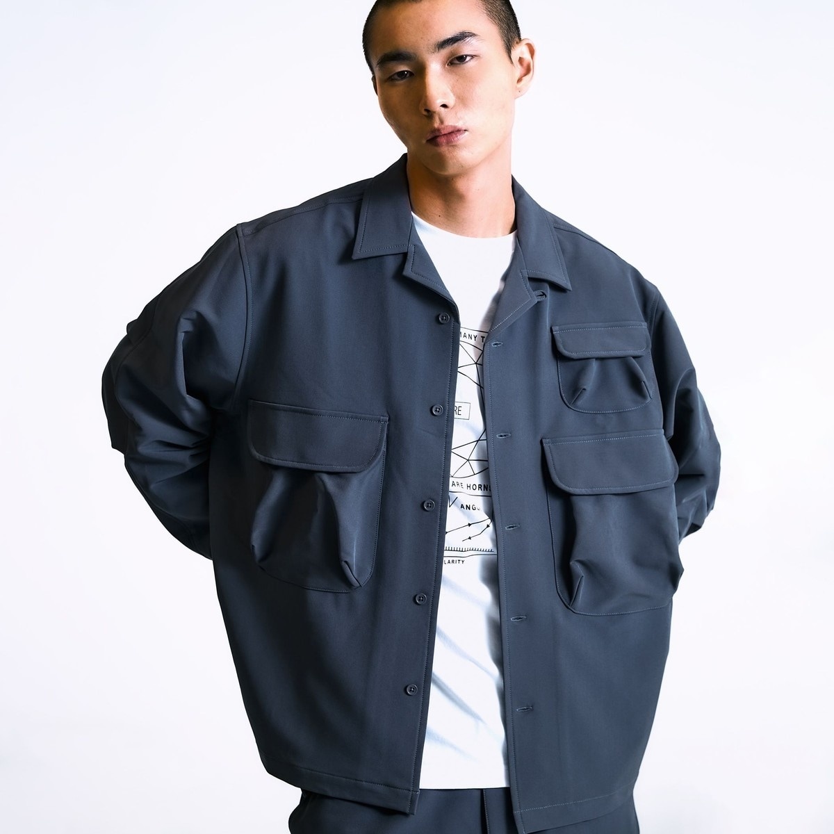 m.f.エディトリアル ストレッチ シャンブレーツイル シャツアウター