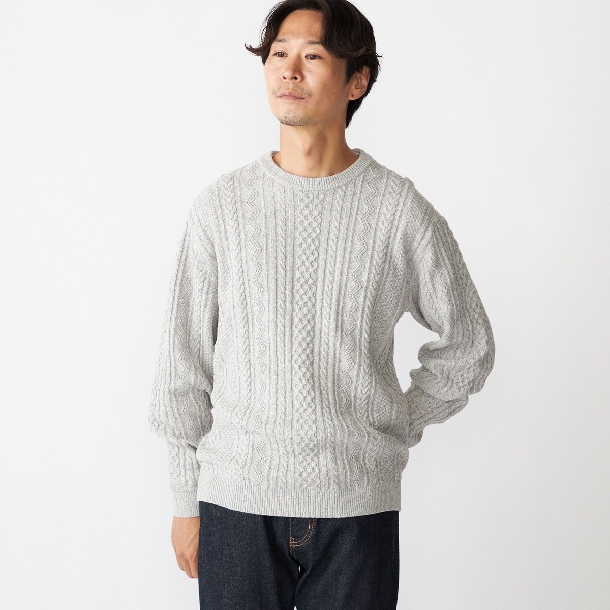 SHIPS:〈手洗い可能〉コットン ウール アラン クルーネック プル