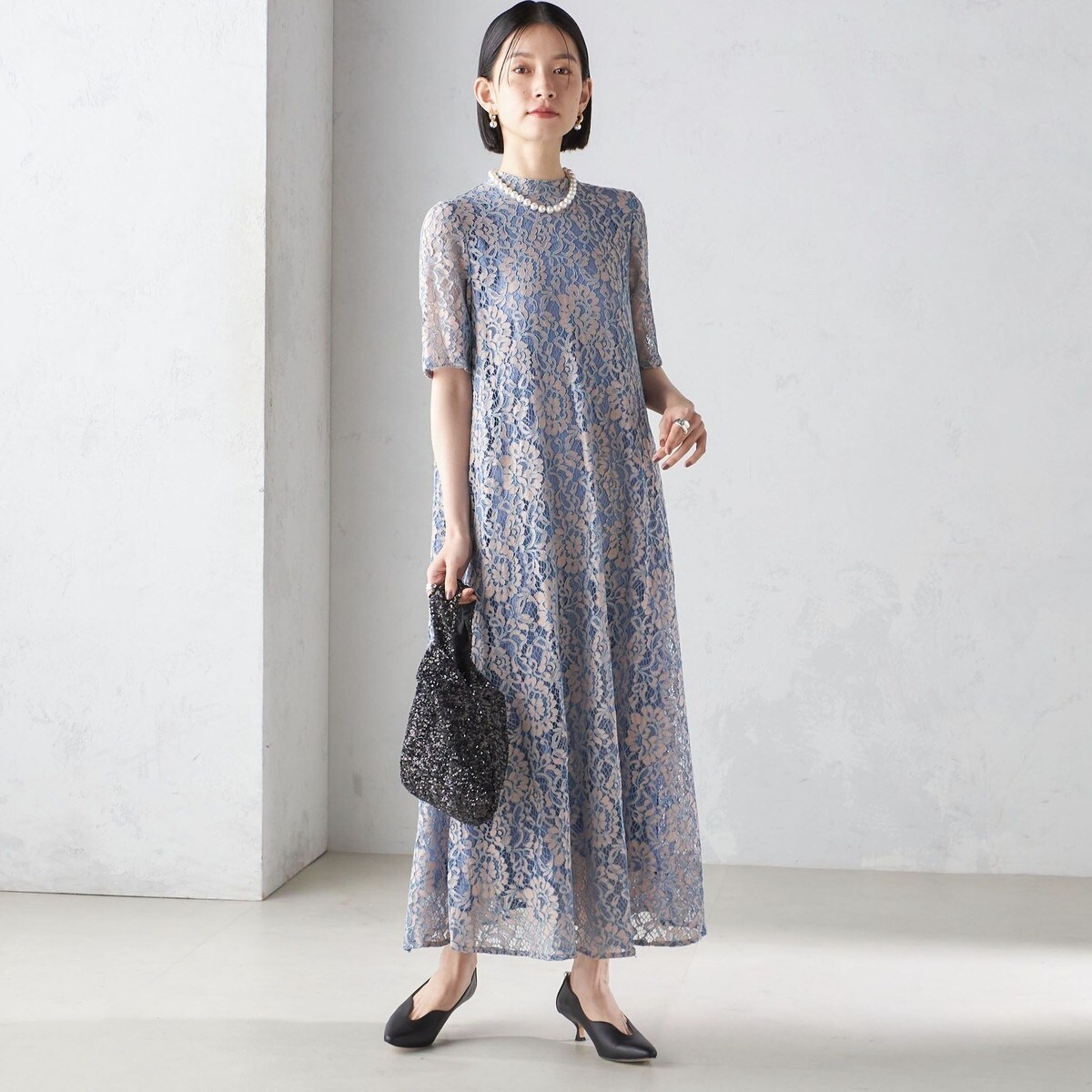 〈結婚式・パーティ〉kaene:パイピング レース Aライン ワンピース 結婚式・パーティ〉kaene:パイピング レース Aライン ワンピース