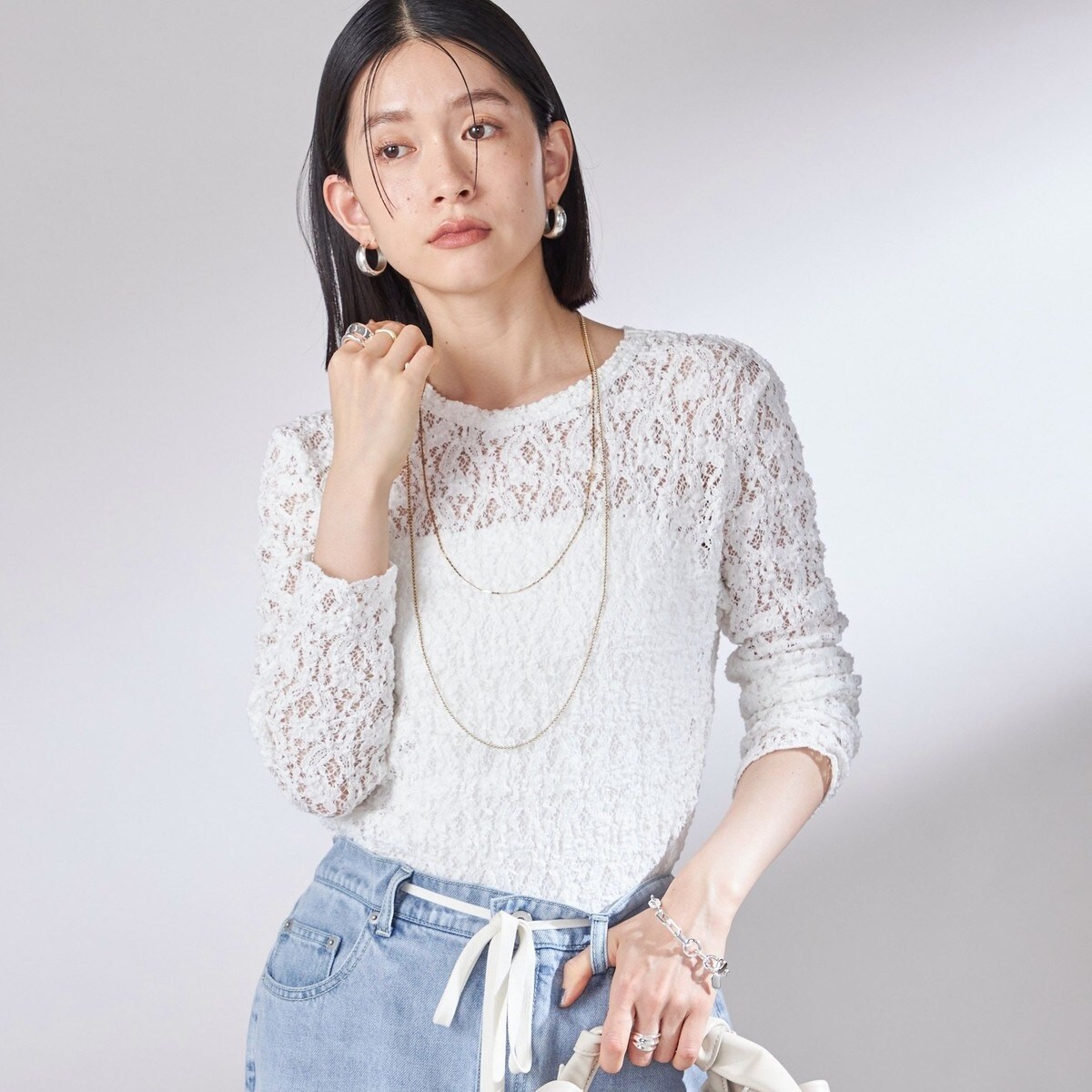 【新品】SHIPS ラッセル レース クルーネック カットソー 一部追加予約》〈手洗い可能〉ラッセル レース クルーネック