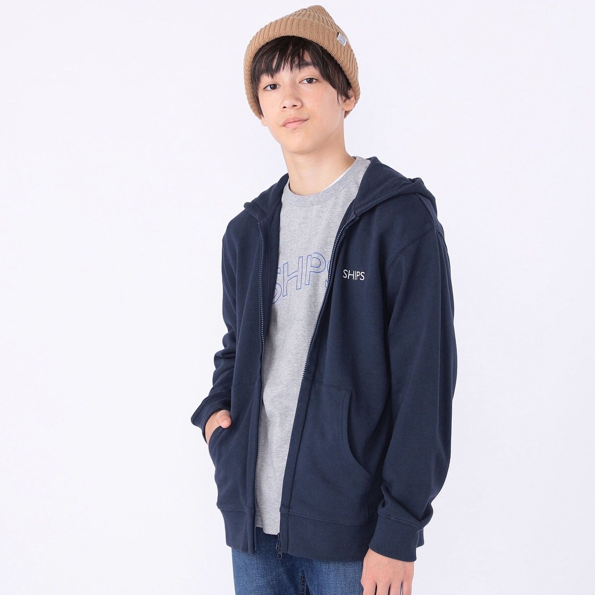 SHIPS KIDS:140～160cm / ロゴ フード ジップ パーカー