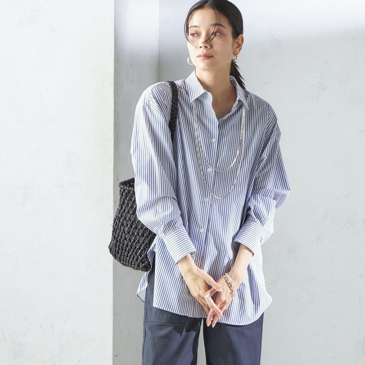 SHIPS Primary Navy Label:コットン タイプライター ビッグ シャツ