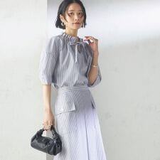 〈手洗い可能〉ストライプ フリル ネック リボン 半袖 ブラウス