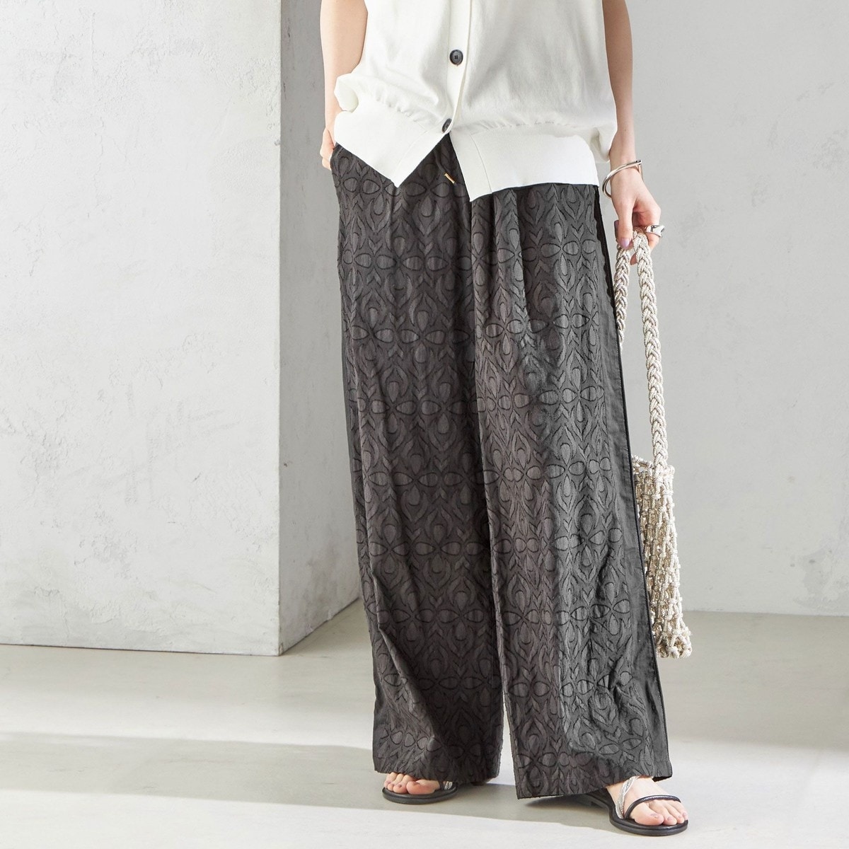 接触冷感・手洗い可能〉麻混 シャンブレー ウエスト ゴム ワイド