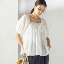 〈手洗い可能〉ストレッチ タフタ ウエスト ギャザー ブラウス