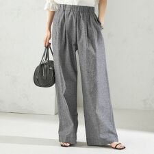 〈接触冷感・手洗い可能〉麻混 シャンブレー ウエスト ゴム ワイド パンツ
