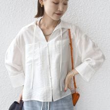 〈手洗い可能〉シアー シルク混 オープンカラー シャツ